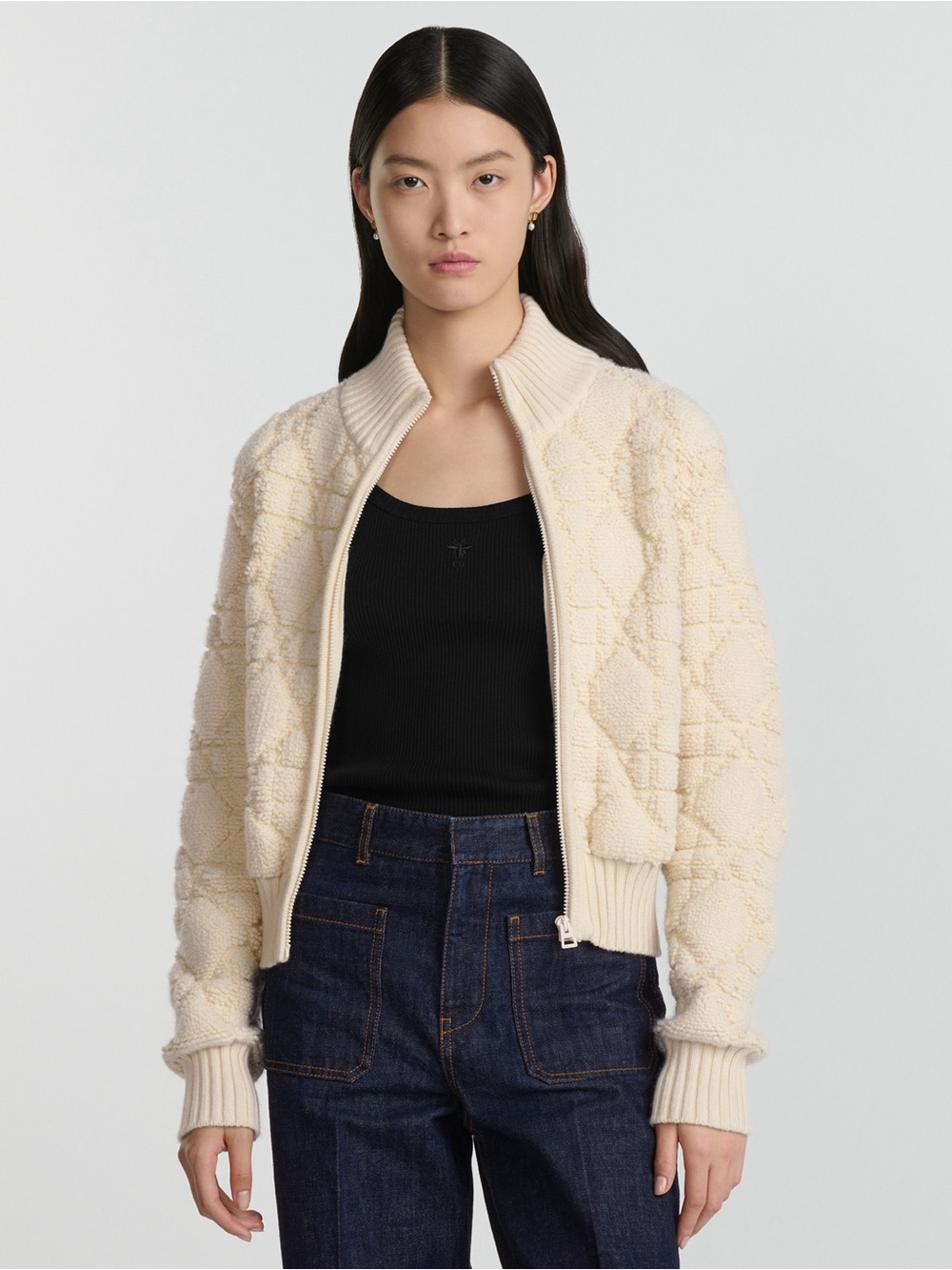 Dior Macrocannage Zipped Cardigan Ecru Wool Cashmere Blend Knit Size 38 Medium